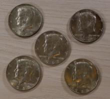 5- 40% Silver Kennedy Half Dollars, sells times the money