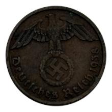 1938 German 2 Reichspfennig Coin, Bronze, Nazi Era
