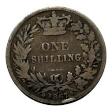 1867 British One Shilling Coin, Silver, Queen Victoria