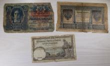 3- Austro-Hungarian 20 Kronen, Russian 1 Ruble, Belgian 20 Francs Notes, sells times the money