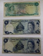 3- Collectible Bahamian and Cayman Islands One Dollar Notes, sells times the money