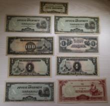 9- Japanese Government WWII Occupation Banknotes, 5 Centavos to 100 Pesos, sells times the money