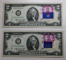 2- 1976 US $2.00 First Day Issue Banknotes, w/ sequential serial numbers, sells times the money