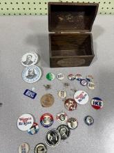 Political Campaign Buttons Collection, Reagan, Nixon, Eisenhower, 25 pcs, Box Included, several are