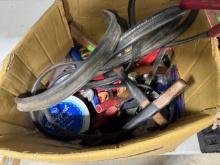 Box of Mixed Tools with Irwin Clamp, Jumper Cables, Pipe Wrench