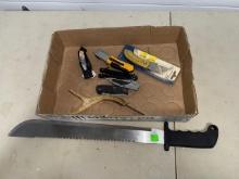 Collection of Folding Knives and Machete with Sawback Edge