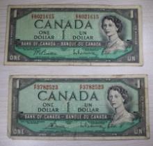 2- 1954 Series Canadian One Dollar Banknotes, Queen Elizabeth II Portrait, sells times the money