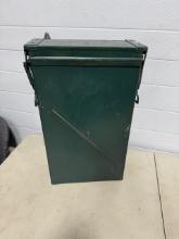 Large Metal Green Ammunition Box with Hinged Lid and Handle, approx 2 ft tall