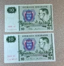 2- 10 Kronor Swedish Banknotes, 1989 & 1990, sells times the money