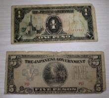 2- Japanese Govt Banknotes, 1 and 5 pesos, sells times the money