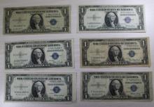 6- Asst Series 1935 Blue Seal Silver Certificates, sells times the money