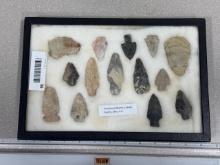 Arrowheads & Artifacts  Frame of 14 points & artifacts found in Licking Co Ohio Marne area, NICE