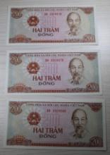 3- Vietnam State Bank 200 Dong Banknotes, Sequential Serial Numbers, sells times the money