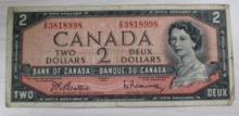 1954 Canadian 2 Dollar Banknote, Bank of Canada, Serial: 3818998
