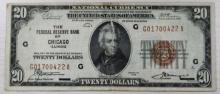 1929 $20 National Bank Note, The Federal Reserve Bank of Chicago Illinois