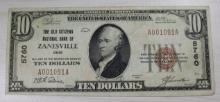 1929 $10 National Currency Banknote, The Old Citizens National Bank Zanesville Ohio