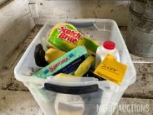 Tote of cleaning supplies