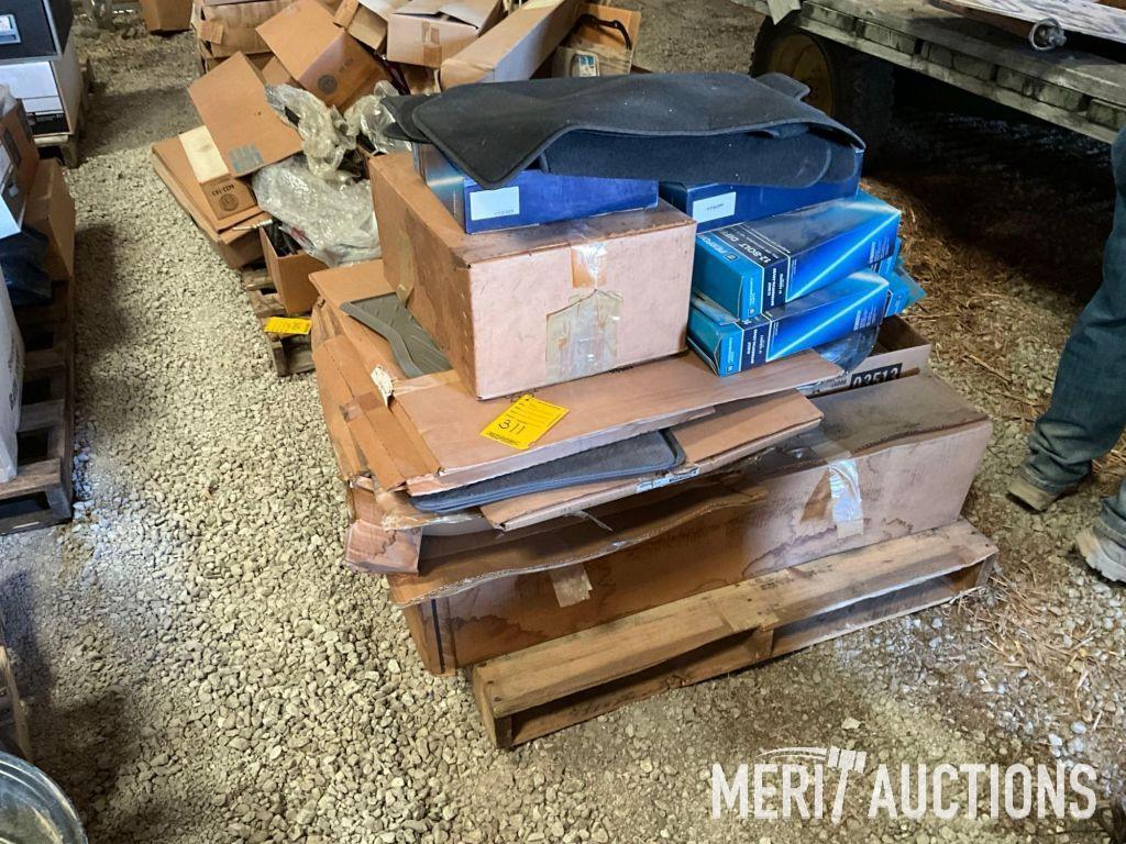 Pallet of GM differensial covers, floor mats, hub caps