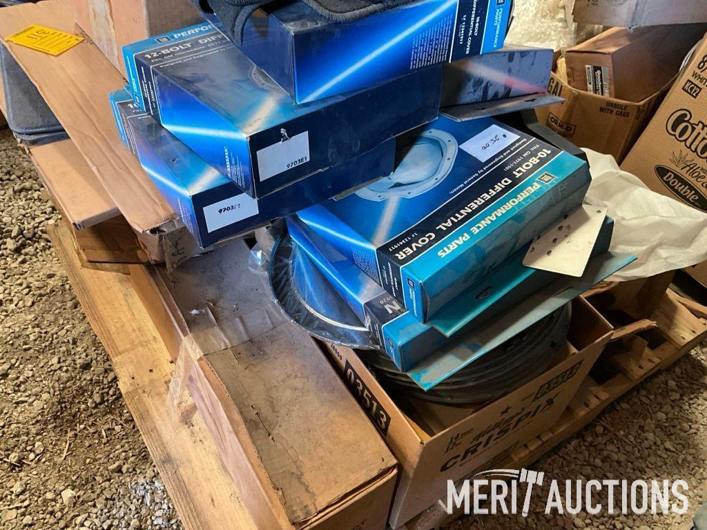 Pallet of GM differensial covers, floor mats, hub caps
