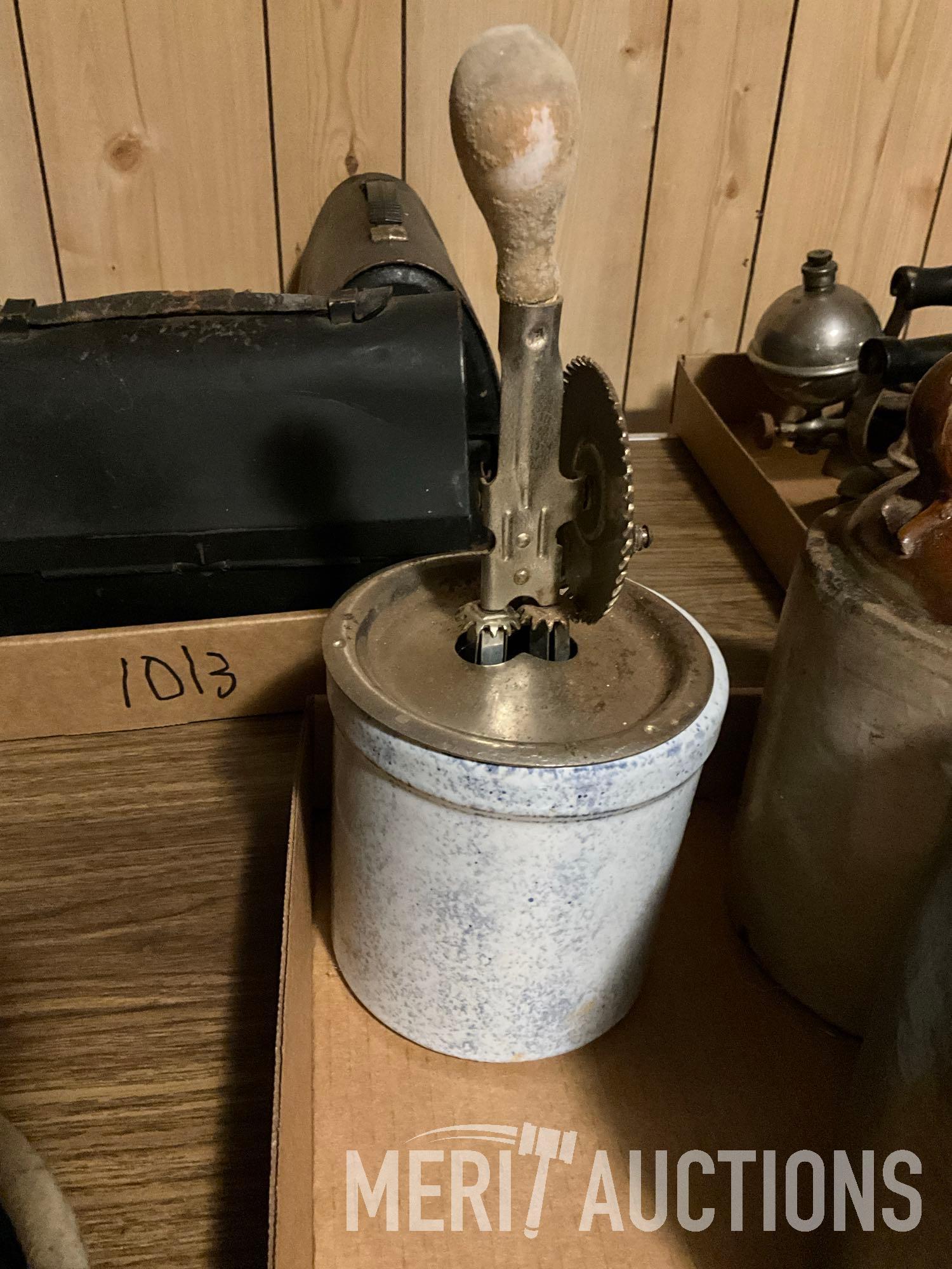 Flat of various stoneware jugs and beater jar