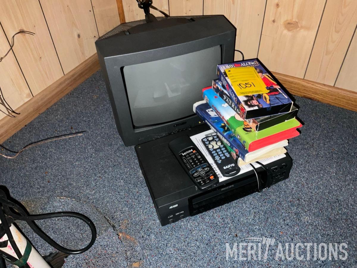 Small Sanyo TV with Phillips VHS player with tapes