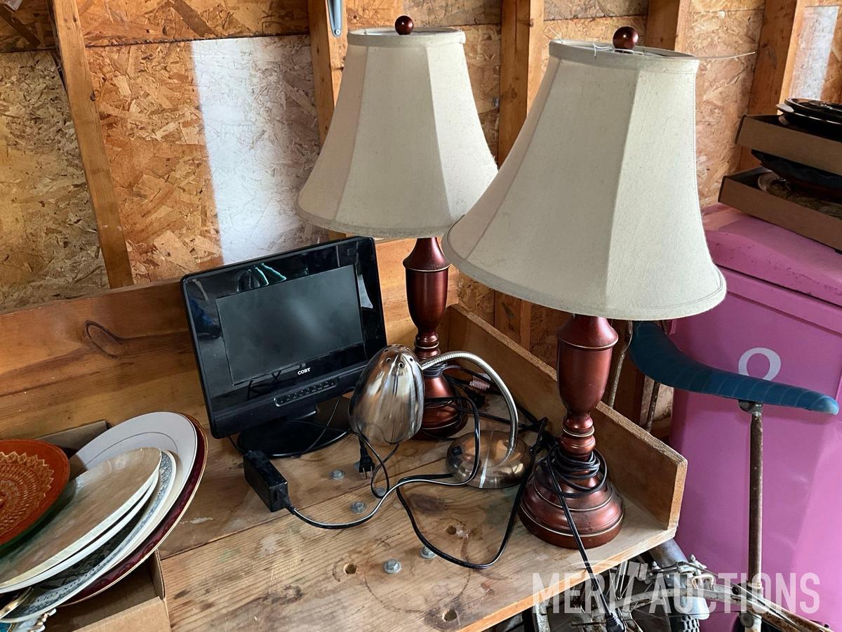 Coby 10.2 in. TV and various lamps as pictured