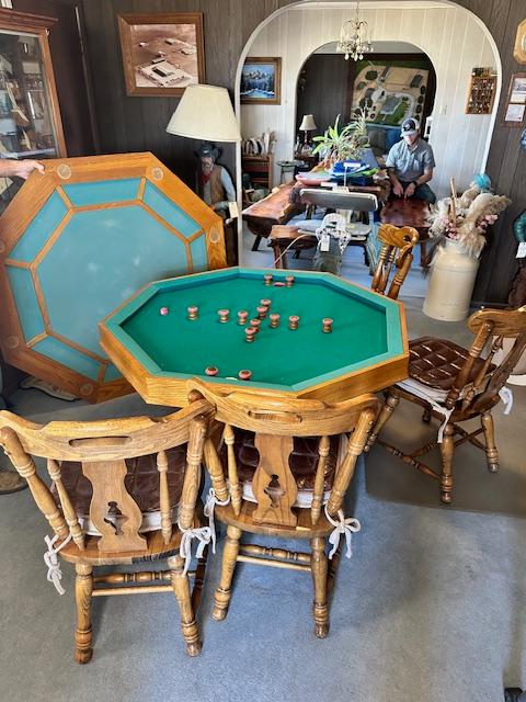 OAK BUMPER POOL AND CARD TABLE WITH 4 CHAIRS