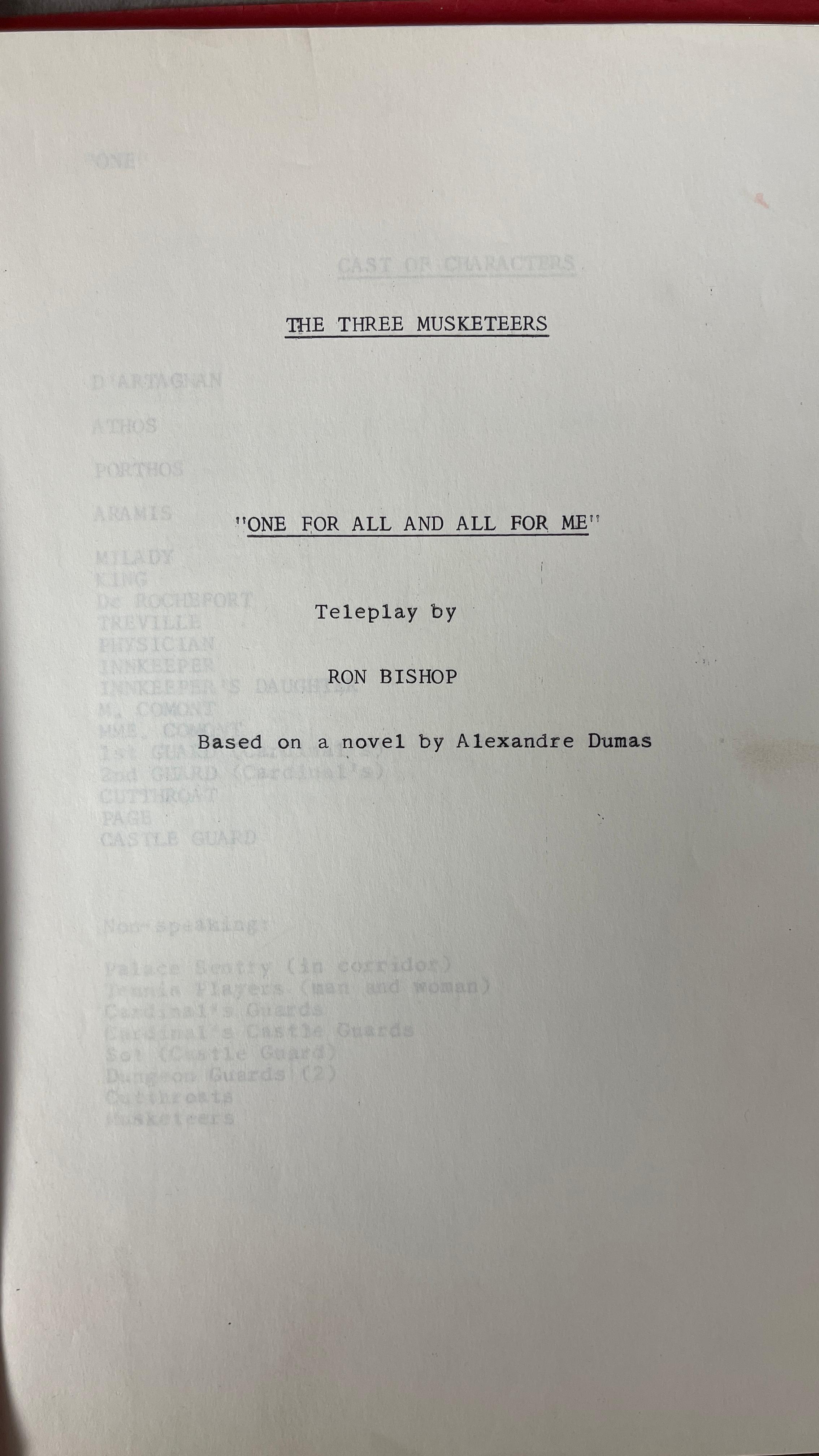 Vintage Warner Bros The Three Musketeers One For All and All For One Teleplay Script by Ron Bishop