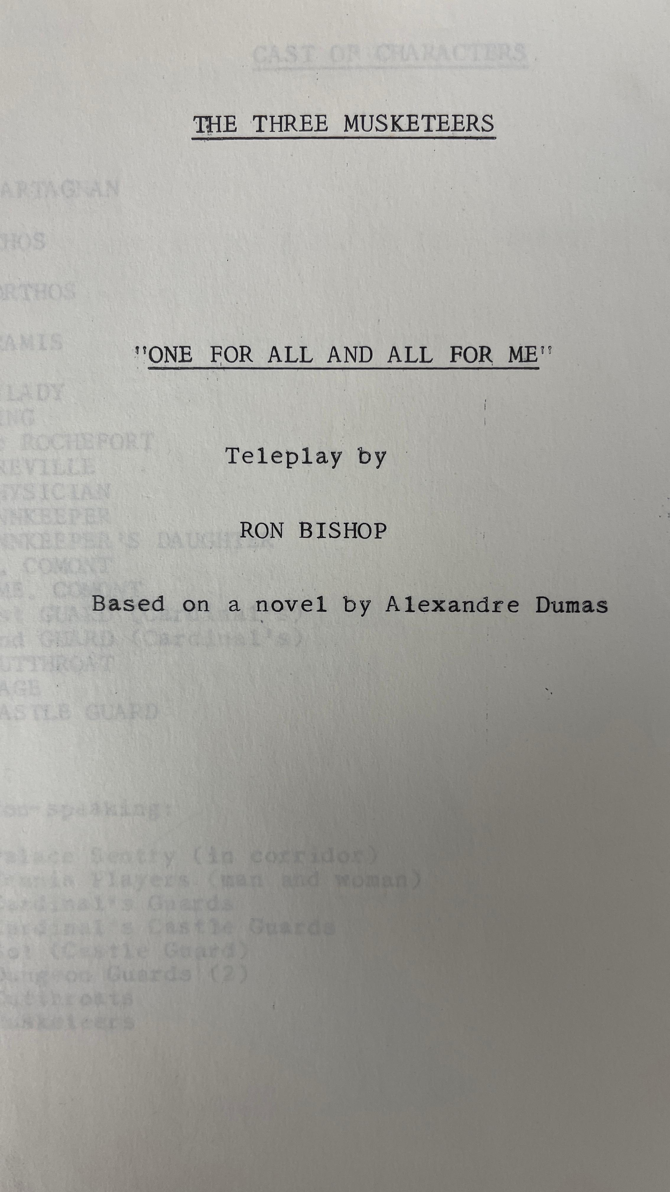 Vintage Warner Bros The Three Musketeers One For All and All For One Teleplay Script by Ron Bishop
