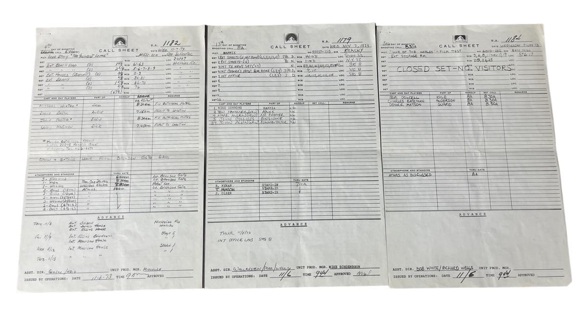 War of the Worlds, Mannix and Love Story Call Sheet Lot
