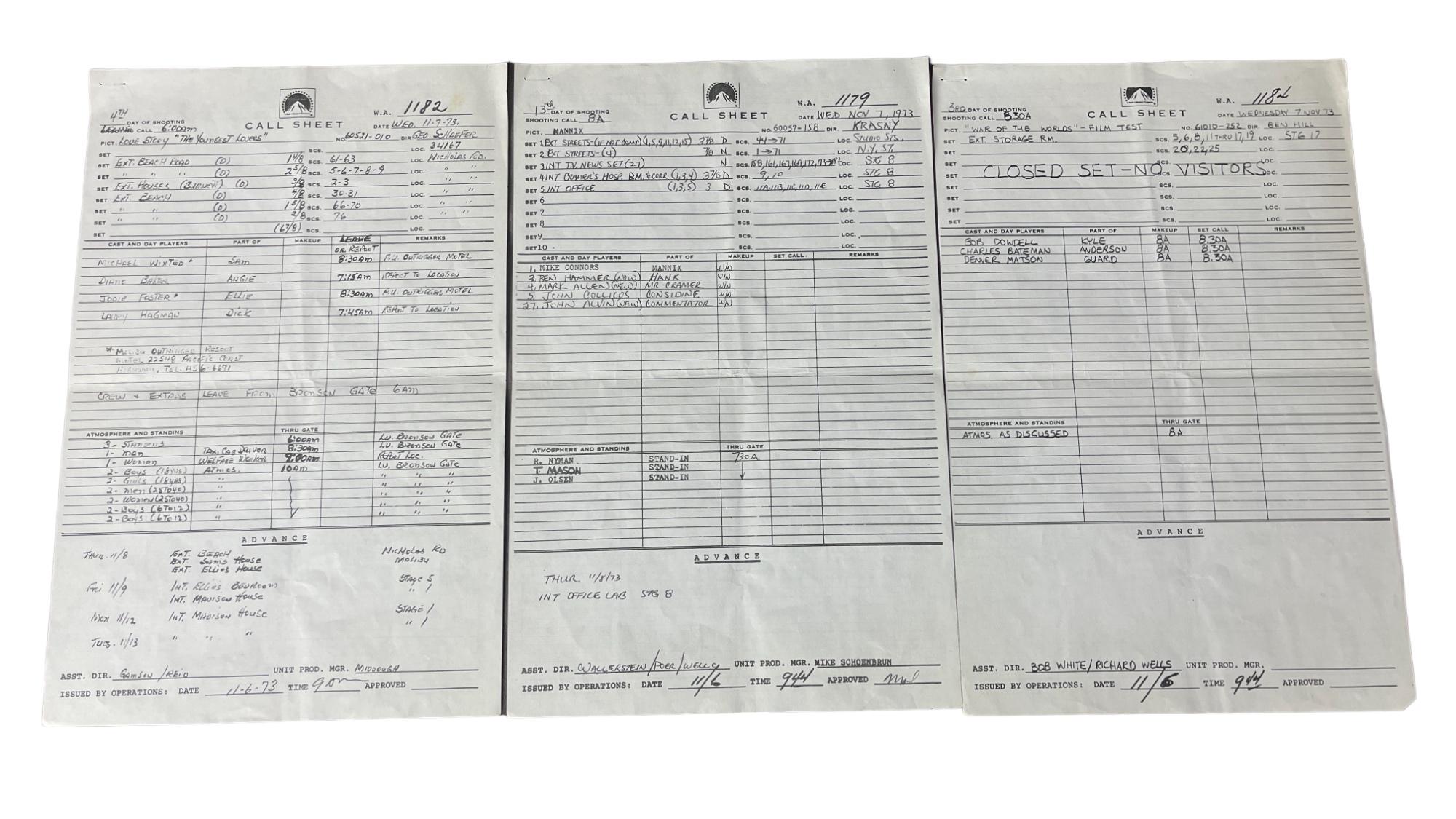 War of the Worlds, Mannix and Love Story Call Sheet Lot