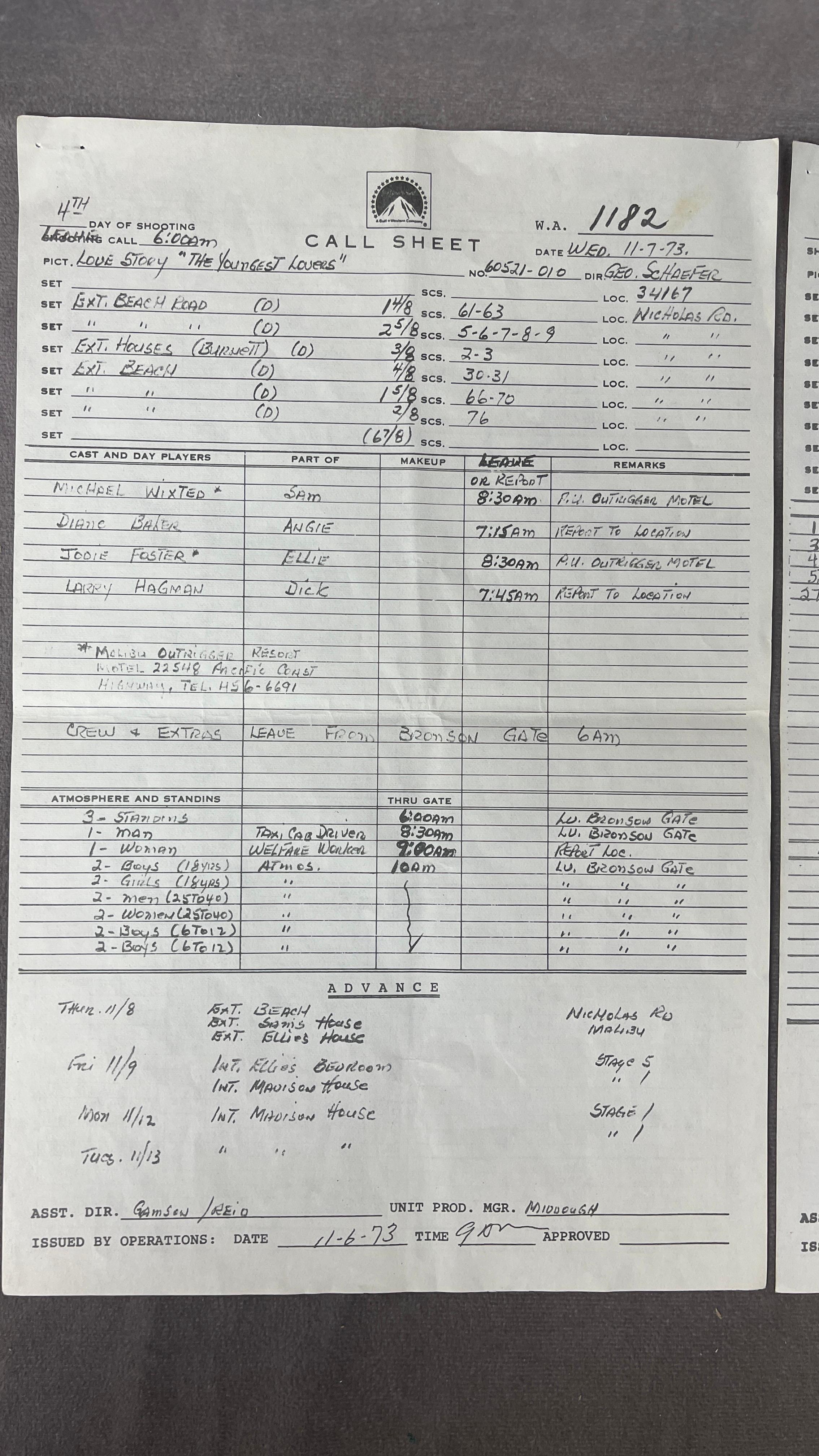 War of the Worlds, Mannix and Love Story Call Sheet Lot