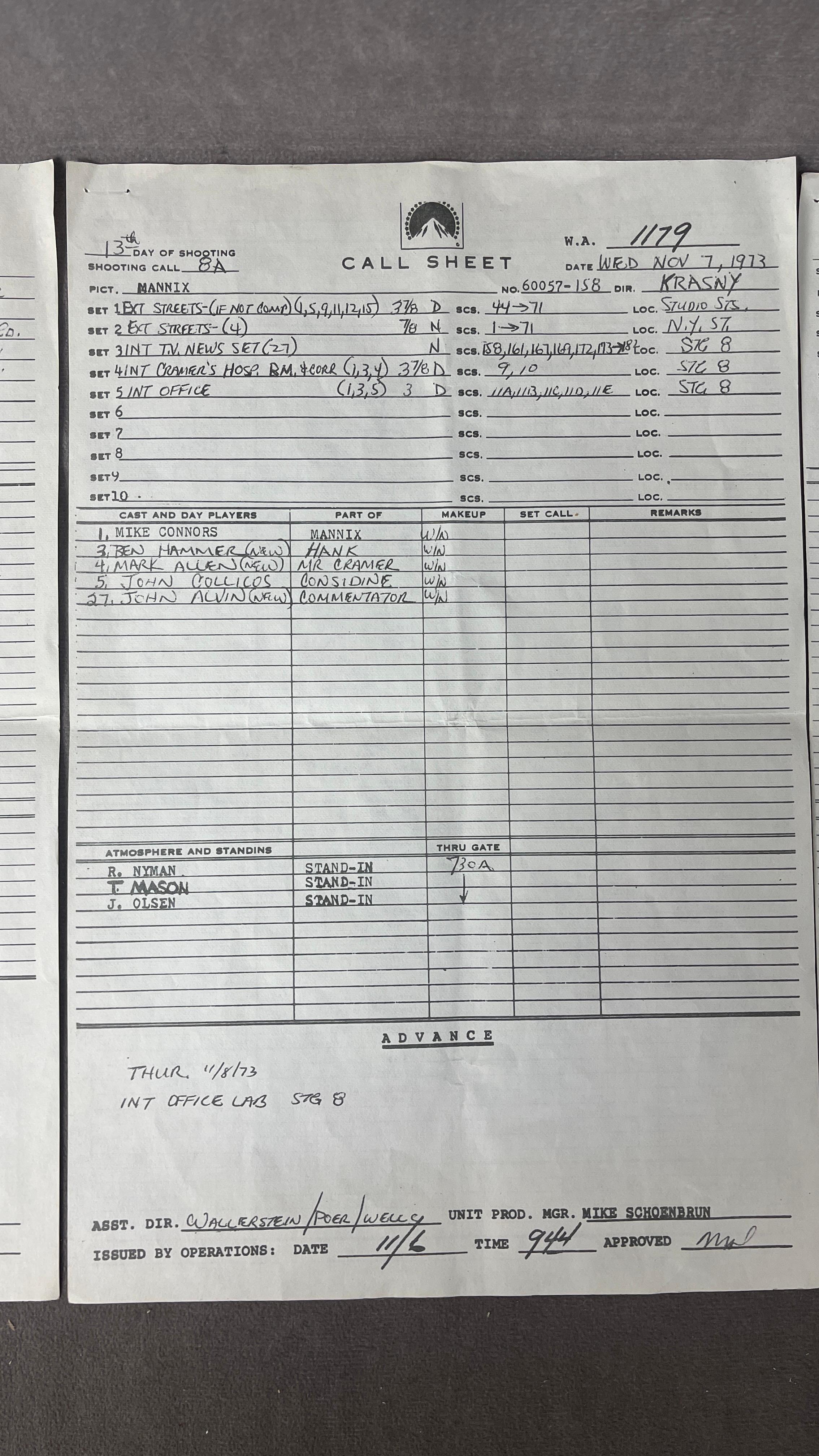 War of the Worlds, Mannix and Love Story Call Sheet Lot