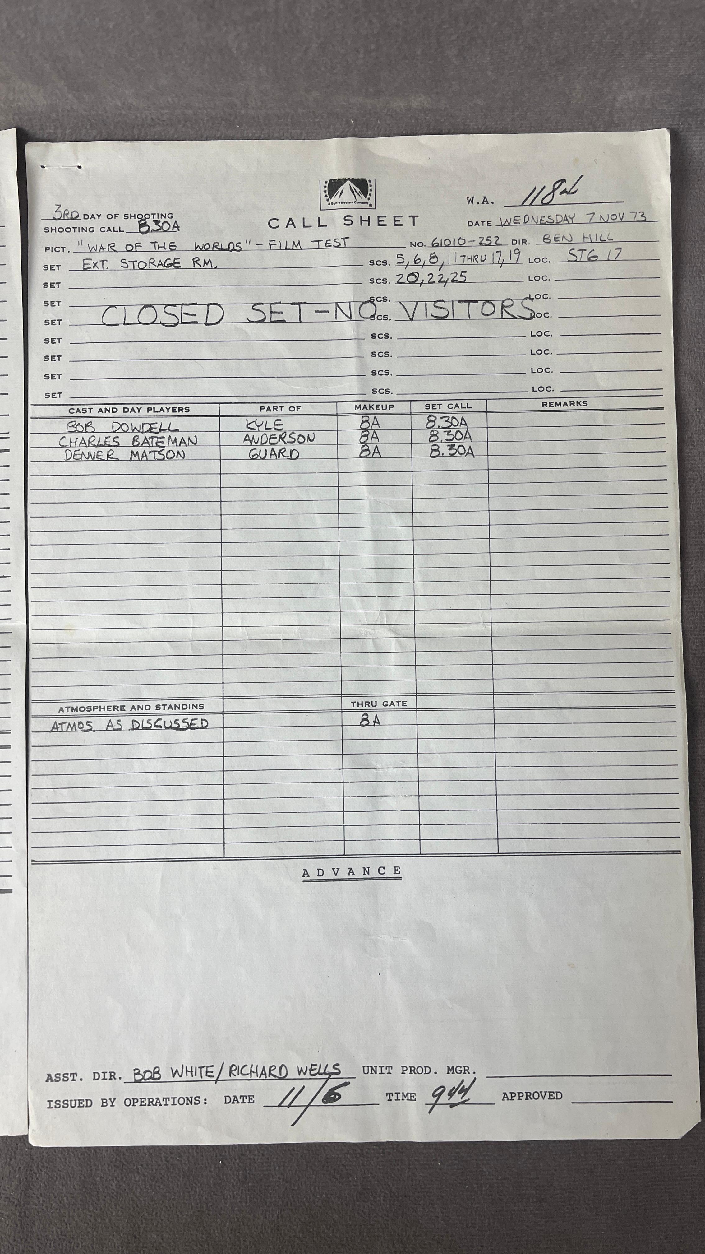 War of the Worlds, Mannix and Love Story Call Sheet Lot