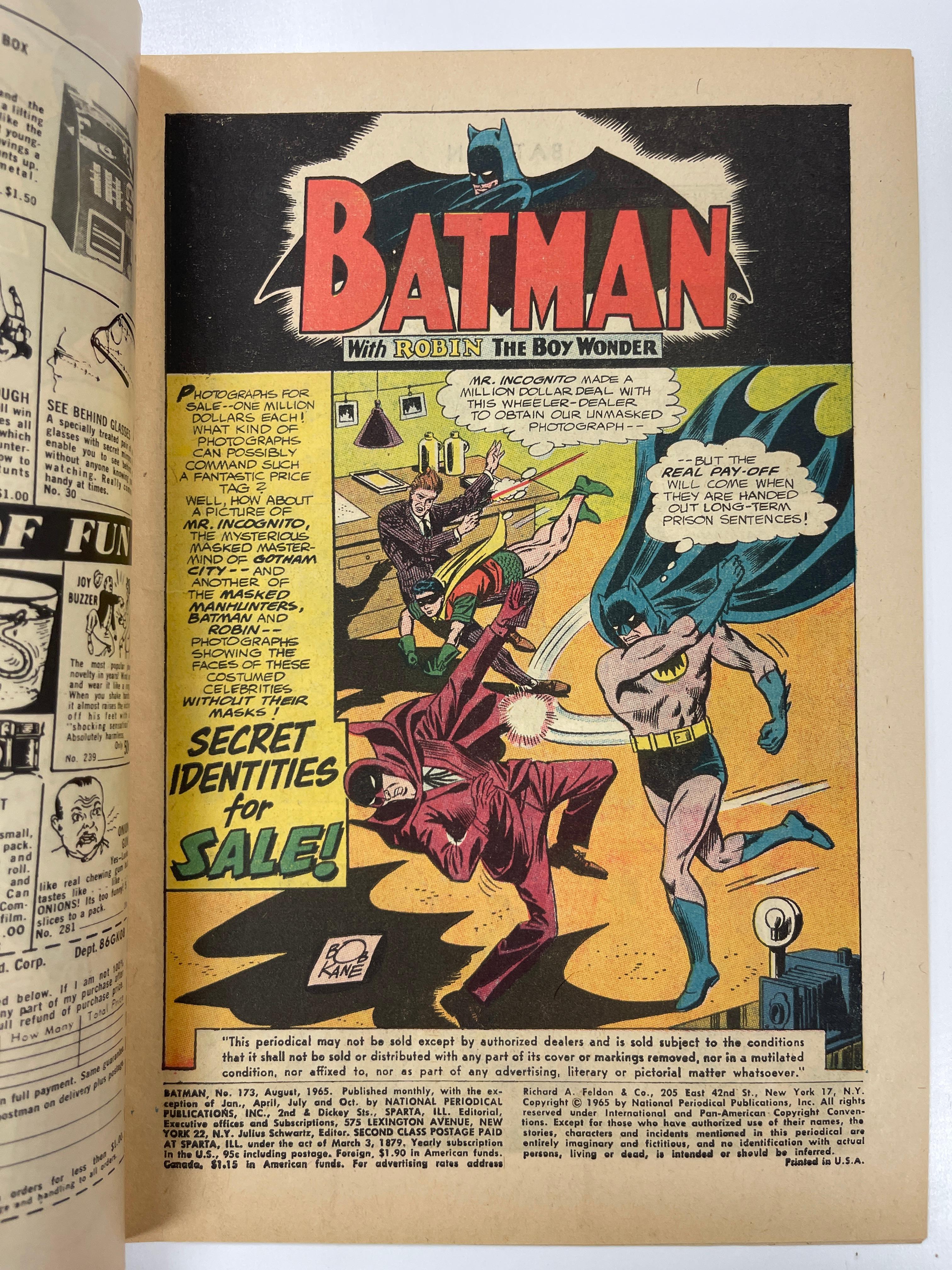 Batman #173  DC Comics, Aug. 1965, Very Nice Comic Book  WOW !!!