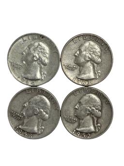 Vintage Silver One Dollar Face Washington Quarter Value Walking Liberty Coin Collection Lot of 4