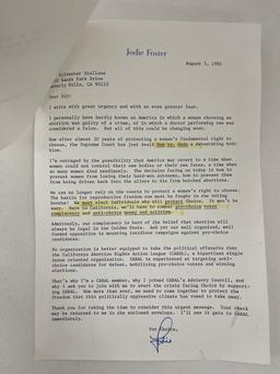 Jodie Foster letter to Sylvester Stallone hand signed