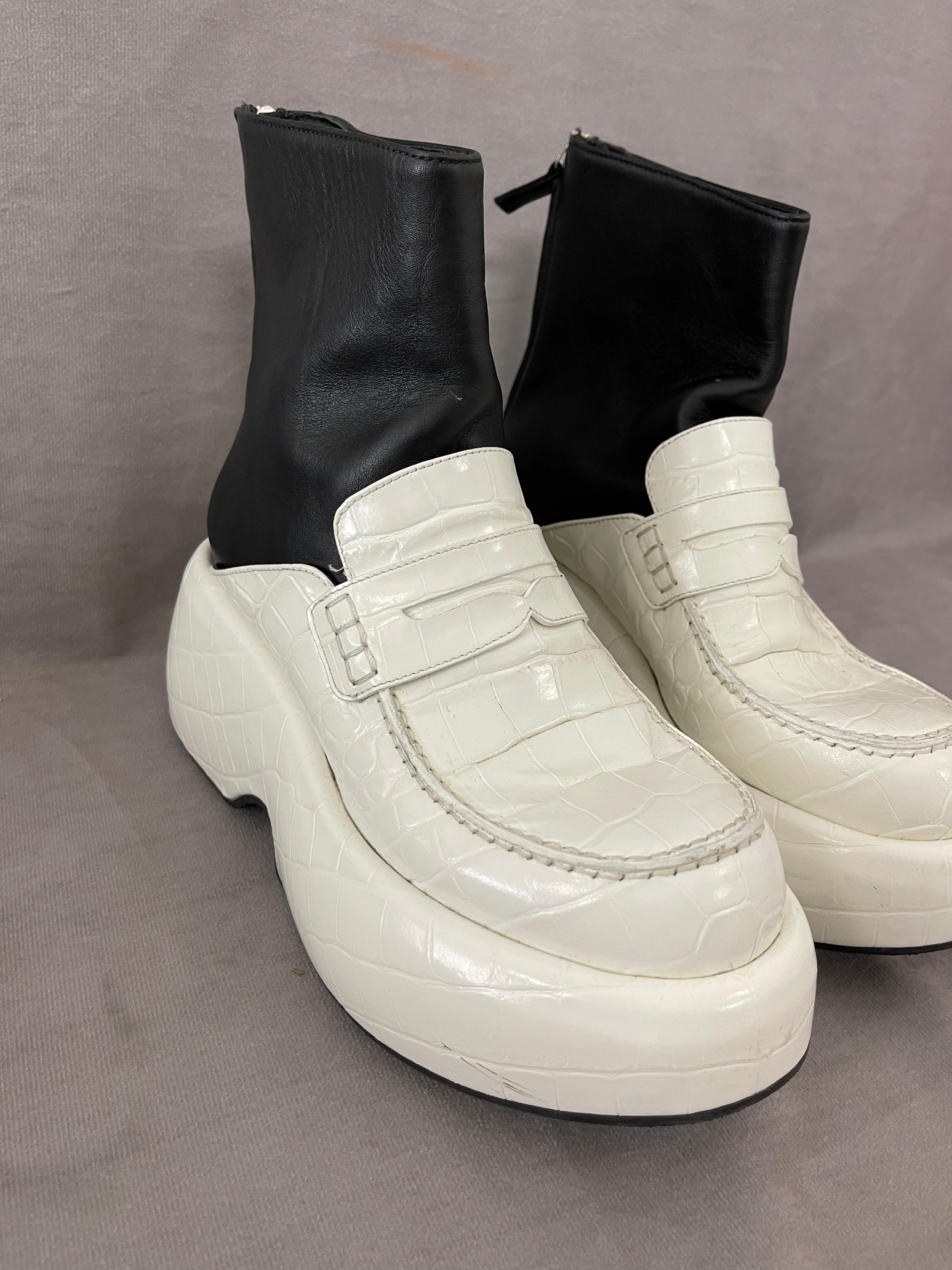 Loewe Black & White Wedge Loafer Boots Made in Italy