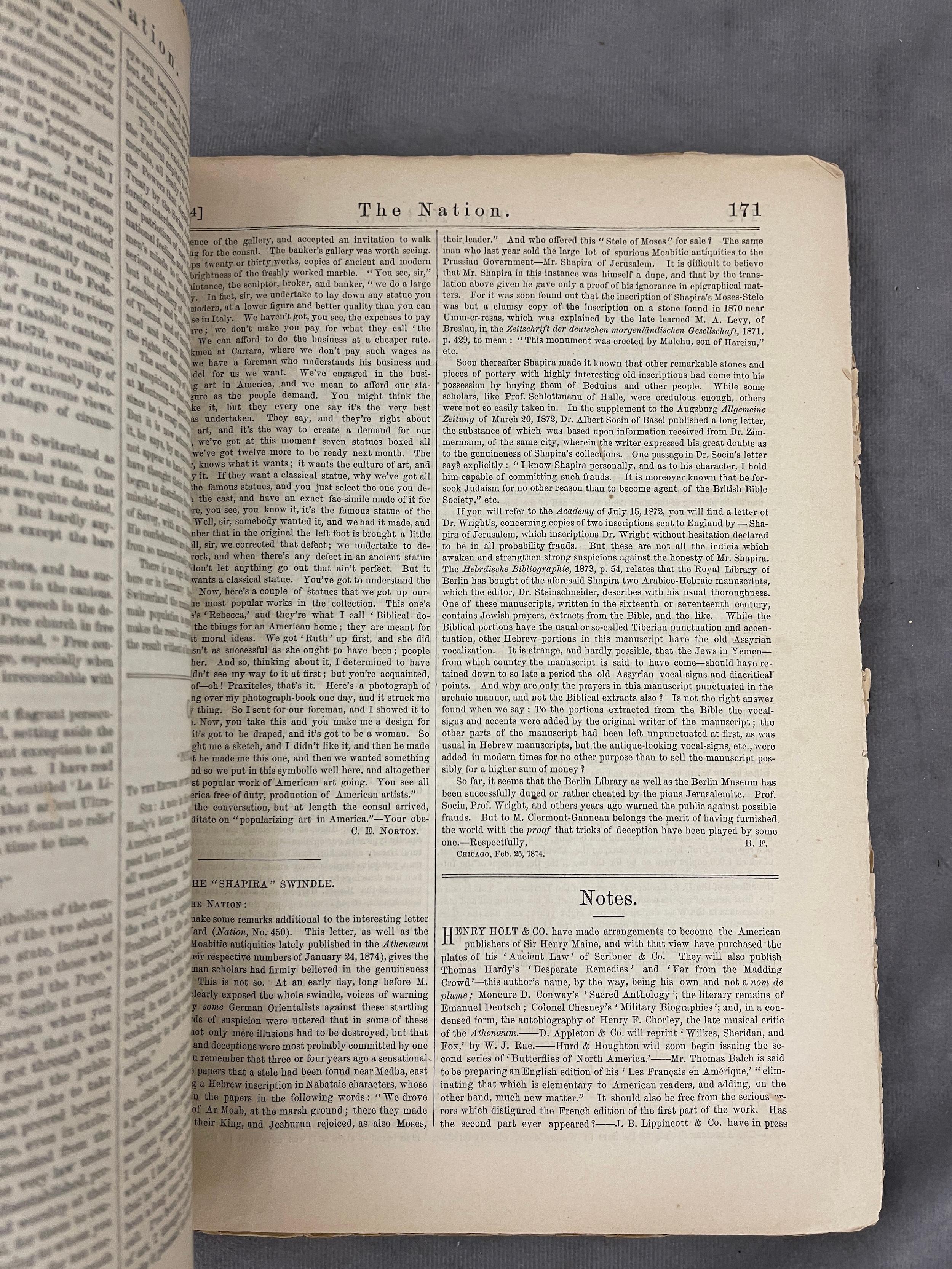 Vintage Antique Book 'The Nation' 1874 VOL.XVIII #444