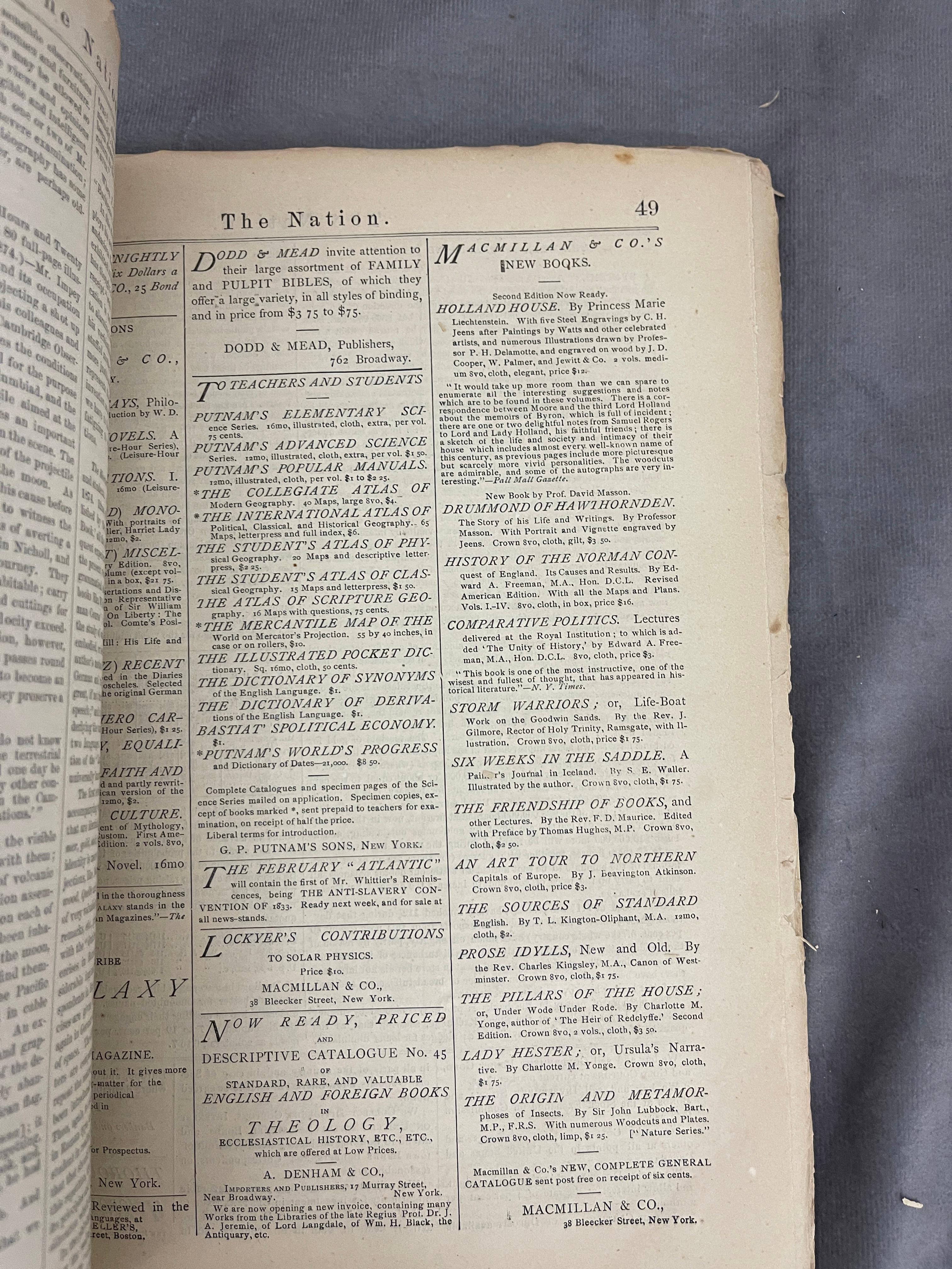 Vintage Antique Book 'The Nation' 1874 VOL.XVIII #444