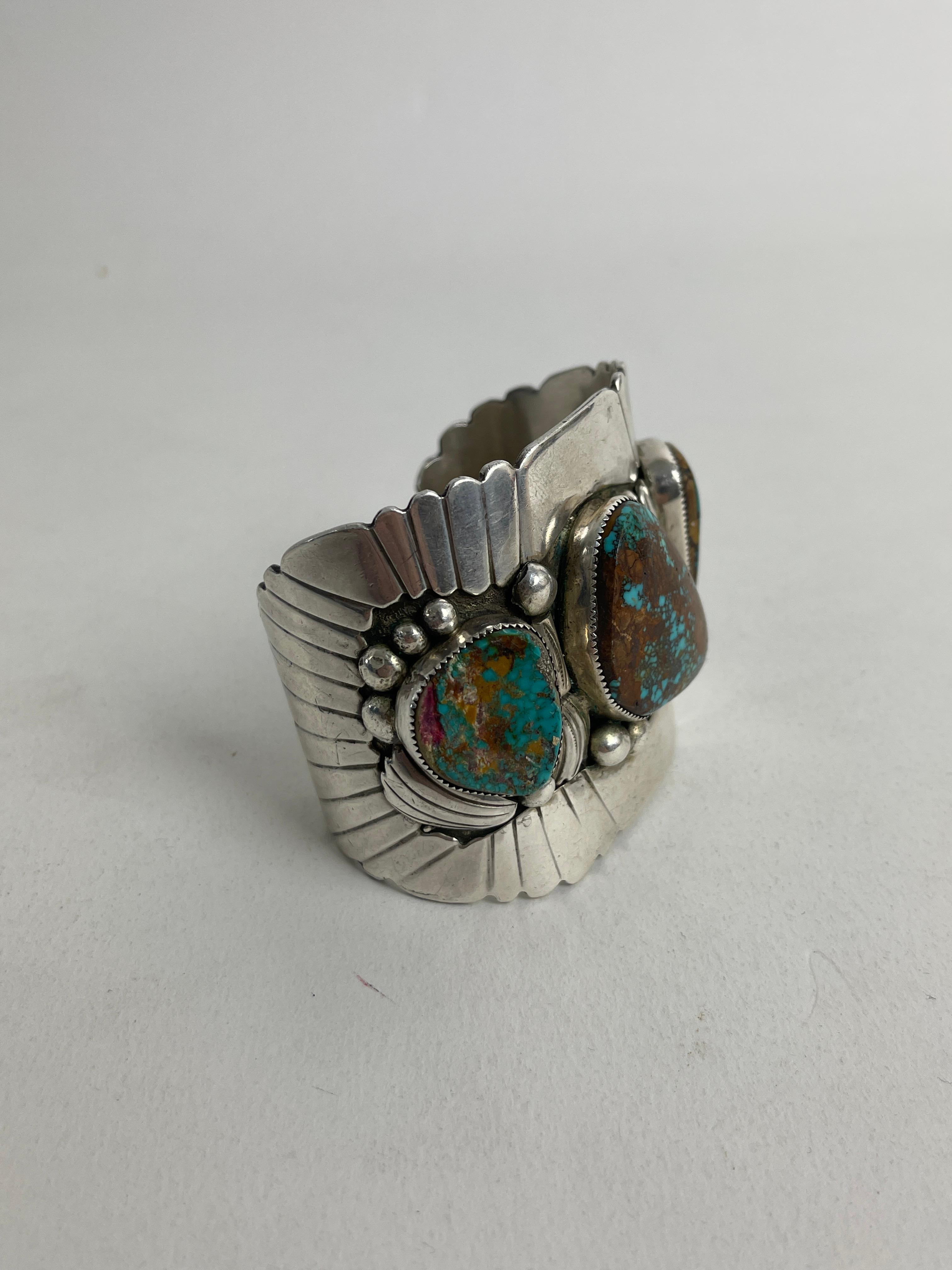 NATIVE AMERICAN INDIAN TURQUOISE CUFF BRACELET STERLING SILVER signed