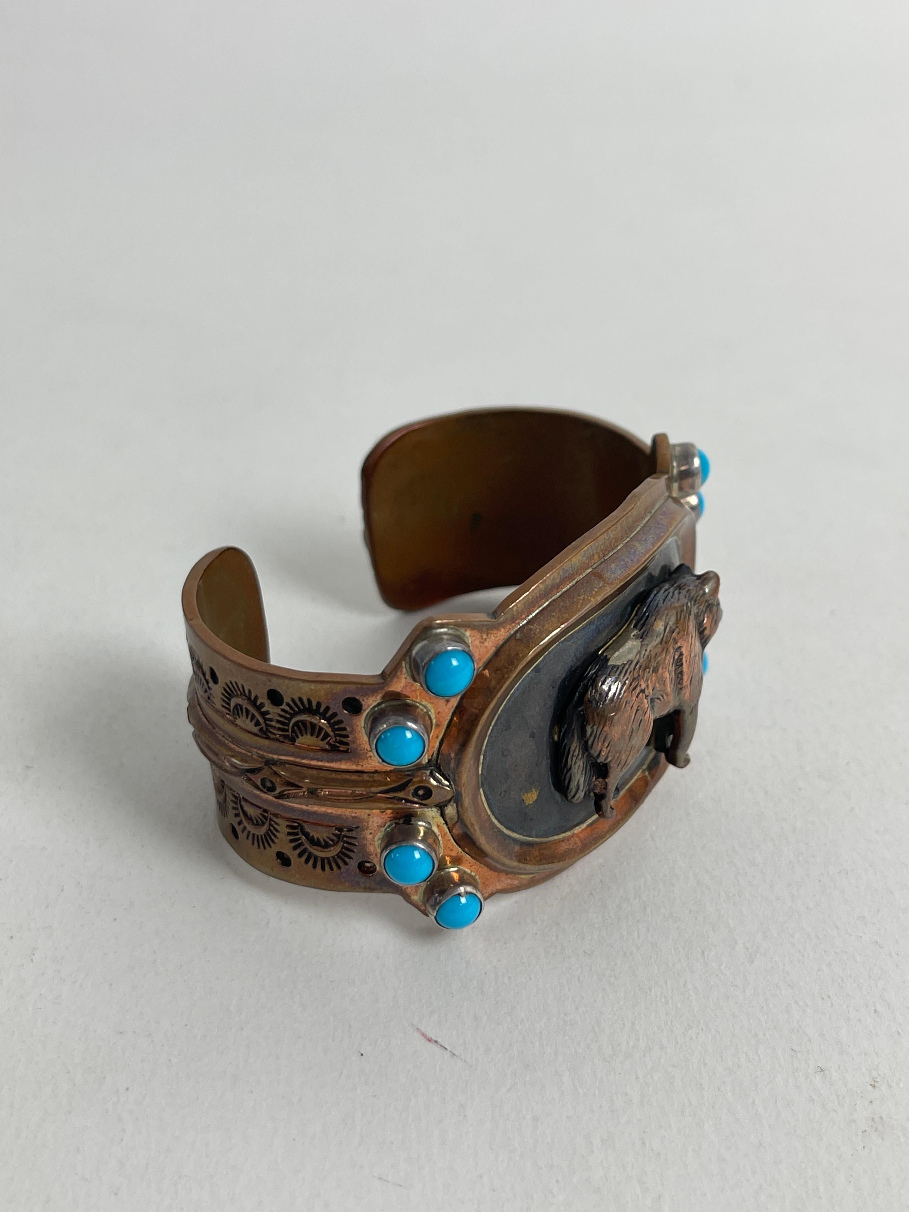 NATIVE AMERICAN INDIAN TURQUOISE CUFF BRACELET STERLING SILVER COPPER WOLF