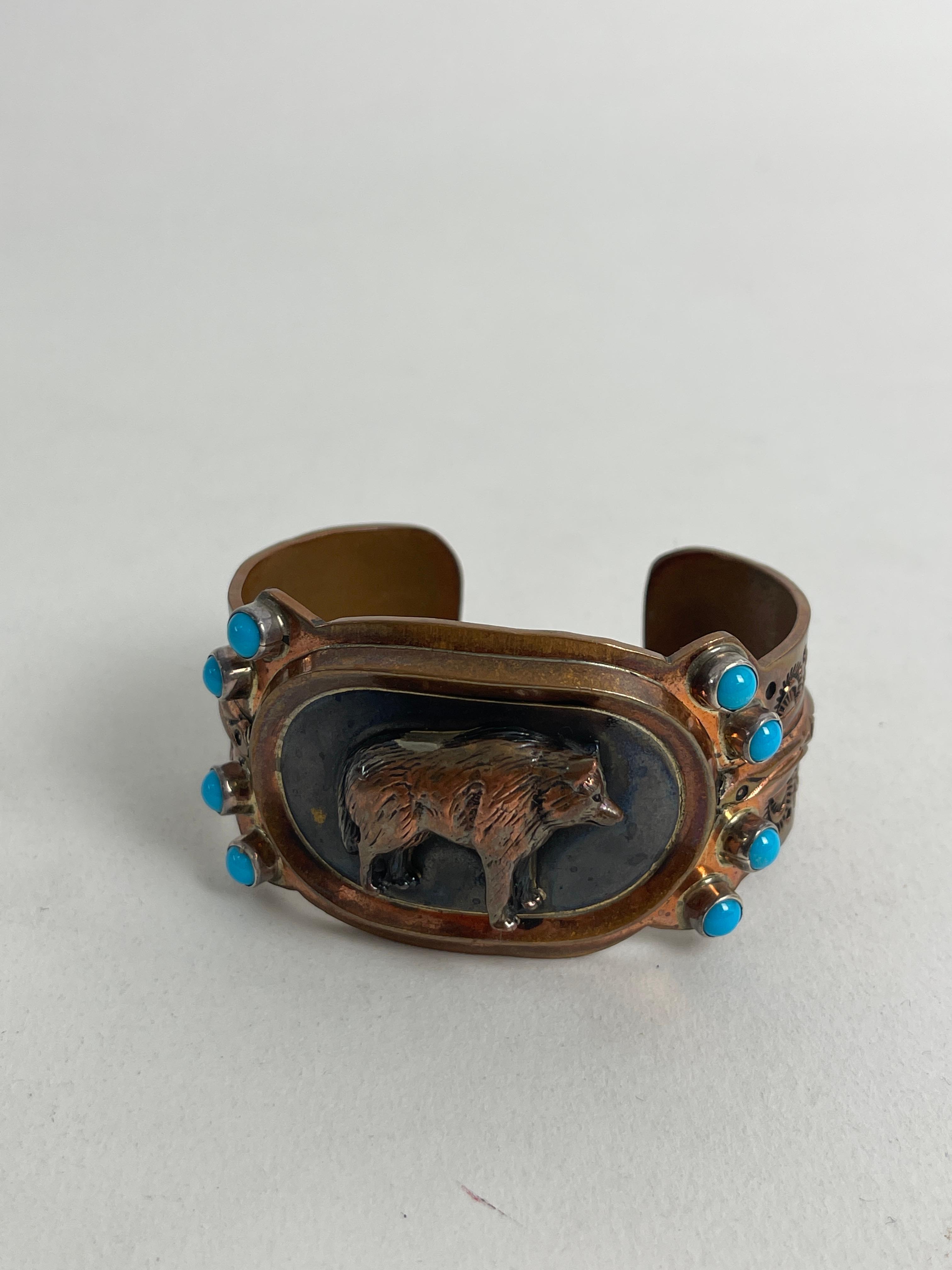 NATIVE AMERICAN INDIAN TURQUOISE CUFF BRACELET STERLING SILVER COPPER WOLF