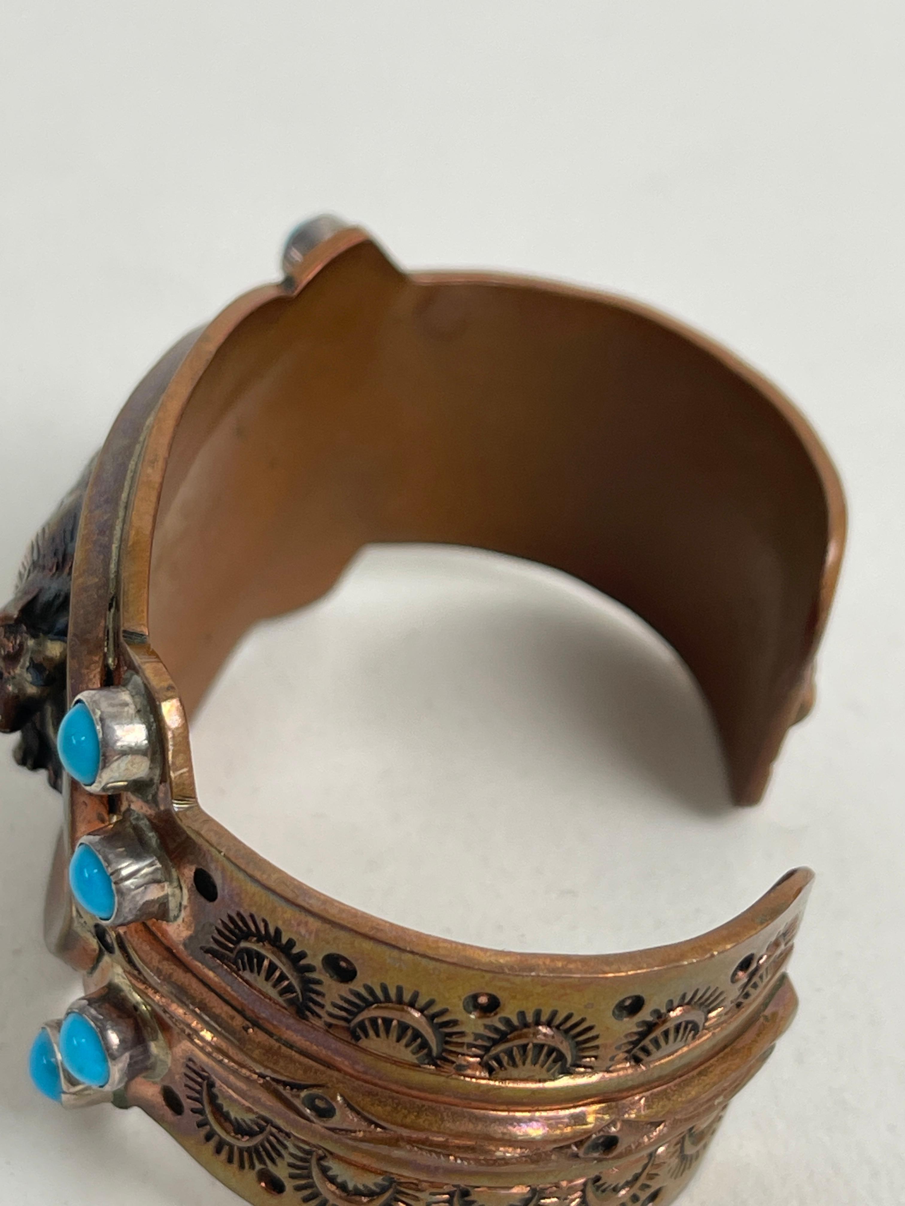 NATIVE AMERICAN INDIAN TURQUOISE CUFF BRACELET STERLING SILVER COPPER WOLF