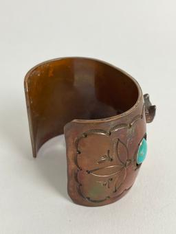 NATIVE AMERICAN INDIAN TURQUOISE CUFF BRACELET STERLING SILVER COPPER WOLF