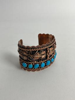 NATIVE AMERICAN INDIAN TURQUOISE CUFF BRACELET STERLING SILVER COPPER