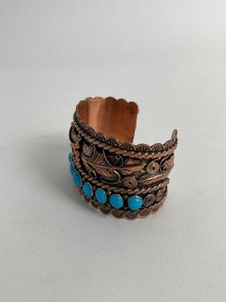 NATIVE AMERICAN INDIAN TURQUOISE CUFF BRACELET STERLING SILVER COPPER