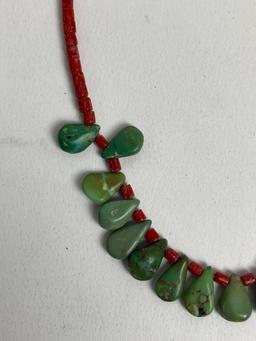 STERLING SILVER CORAL TURQUOISE NATIVE AMERICAN VINTAGE NECKLACE