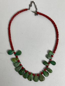 STERLING SILVER CORAL TURQUOISE NATIVE AMERICAN VINTAGE NECKLACE