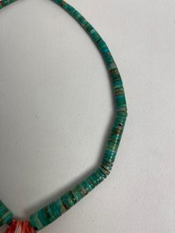 STERLING SILVER CORAL TURQUOISE NATIVE AMERICAN VINTAGE NECKLACE